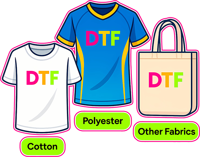 Custom DTF transfers applied on T-shirt, hoodie, sports jersey, and fabric tote bag with vibrant full-color prints