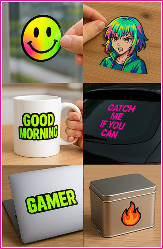Custom UV DTF stickers applied to glass, wood, laptops, and mugs — vibrant, durable prints using UV printing technology for various materials.